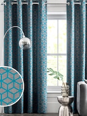 Teal Blue Flocked Velvet Geometric Eyelet Lined Curtains - Image 1 of 5