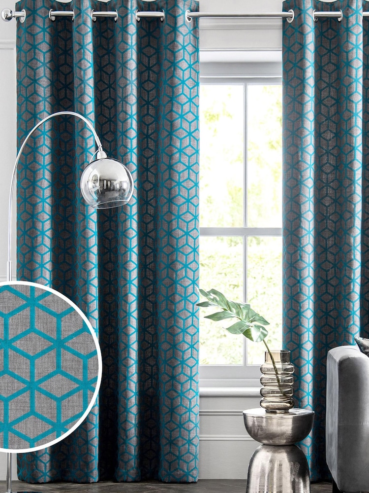 Teal Blue Flocked Velvet Geometric Eyelet Lined Curtains - Image 1 of 5