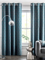 Teal Blue Flocked Velvet Geometric Eyelet Lined Curtains - Image 2 of 5
