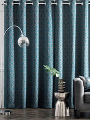Teal Blue Flocked Velvet Geometric Eyelet Lined Curtains - Image 3 of 5