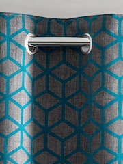 Teal Blue Flocked Velvet Geometric Eyelet Lined Curtains - Image 4 of 5