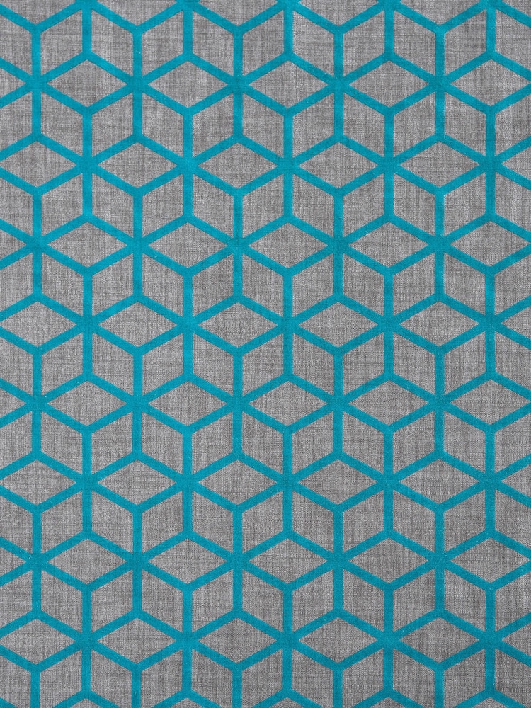 Teal Blue Flocked Velvet Geometric Eyelet Lined Curtains - Image 5 of 5