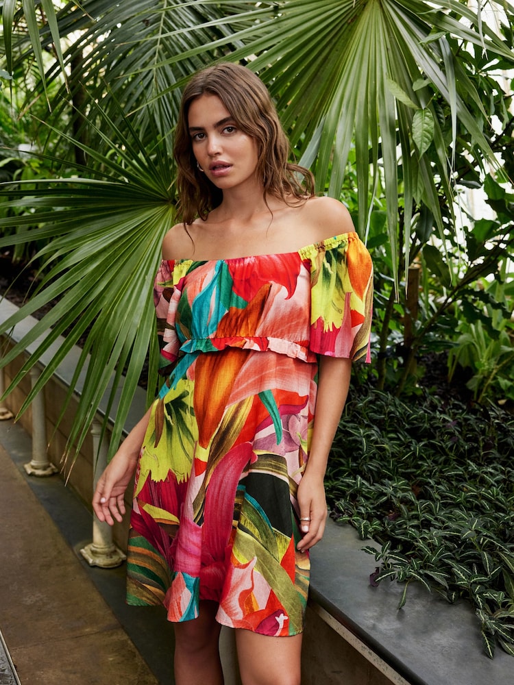 Kew Collection Tropcial Floral Flutter Sleeve Square Neck Printed Mini Dress - Image 2 of 7