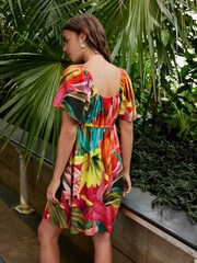 Kew Collection Tropcial Floral Flutter Sleeve Square Neck Printed Mini Dress - Image 4 of 7