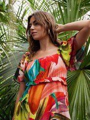 Kew Collection Tropcial Floral Flutter Sleeve Square Neck Printed Mini Dress - Image 5 of 7