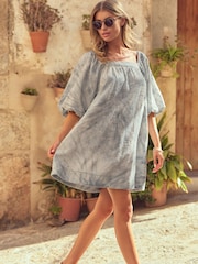 Blue/Ecru Tie Dye Linen Blend Puff Sleeve Mini Dress - Image 1 of 6