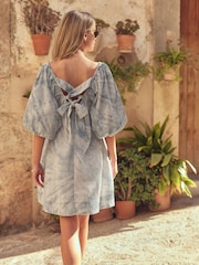 Blue/Ecru Tie Dye Linen Blend Puff Sleeve Mini Dress - Image 3 of 6