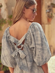 Blue/Ecru Tie Dye Linen Blend Puff Sleeve Mini Dress - Image 4 of 6