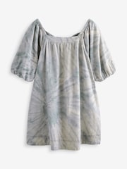 Blue/Ecru Tie Dye Linen Blend Puff Sleeve Mini Dress - Image 5 of 6