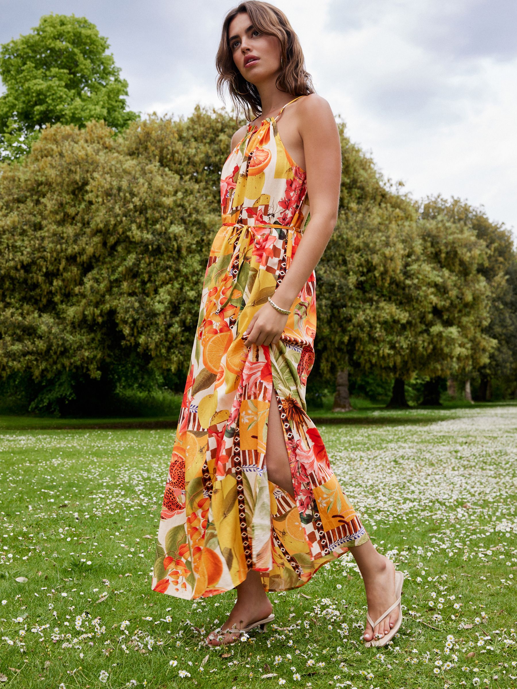 Buy Kew Collection Yellow Floral Fruit Print Strappy Maxi Summer Dress from Next Kuwait