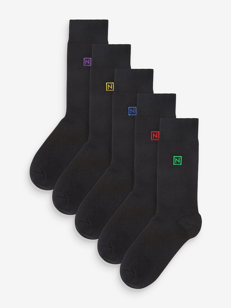 Multi Logo 5 Pack Embroidered Lasting Fresh Black Socks - Image 1 of 7