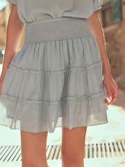 Chambray Blue Tiered Ruched Waist 100% Cotton Mini Skirt - Image 4 of 6