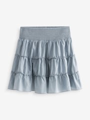 Chambray Blue Tiered Ruched Waist 100% Cotton Mini Skirt - Image 5 of 6