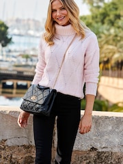 Sosandar Pink Roll Neck Pointelle Slouchy Jumper - Image 1 of 5