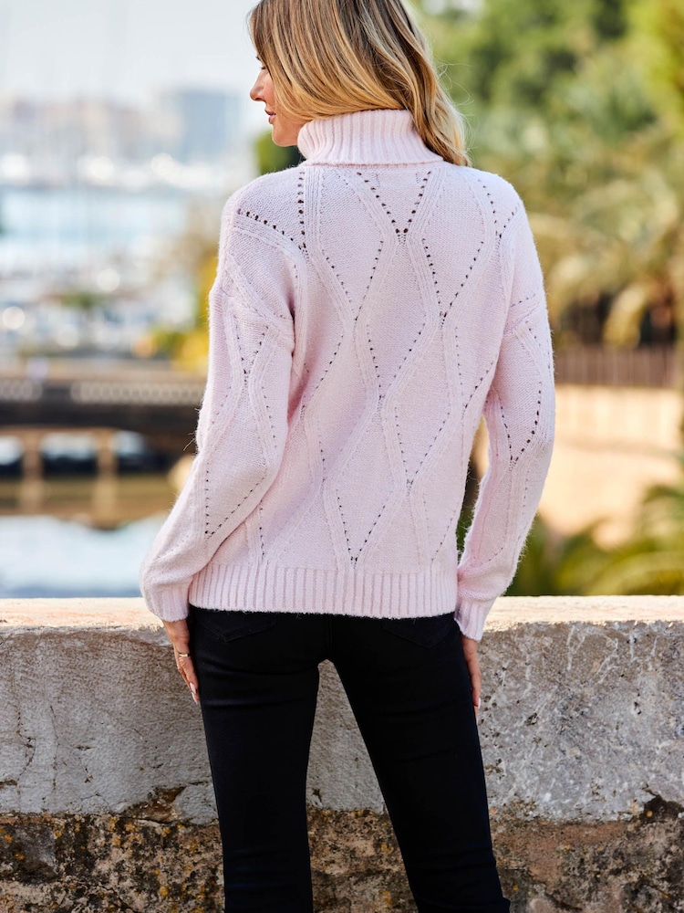 Sosandar Pink Roll Neck Pointelle Slouchy Jumper - Image 2 of 5