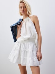White Tiered Ruched Waist 100% Cotton Mini Skirt - Image 1 of 6