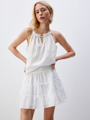 White Tiered Ruched Waist 100% Cotton Mini Skirt - Image 2 of 6