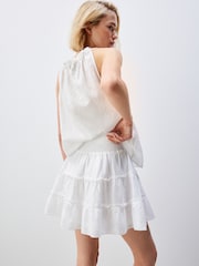 White Tiered Ruched Waist 100% Cotton Mini Skirt - Image 3 of 6