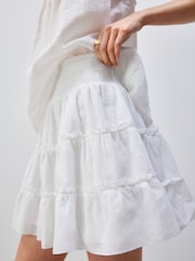White Tiered Ruched Waist 100% Cotton Mini Skirt - Image 4 of 6
