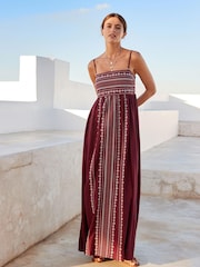 Wine Embroidered Maxi Summer Dress With Linen - Image 1 of 6