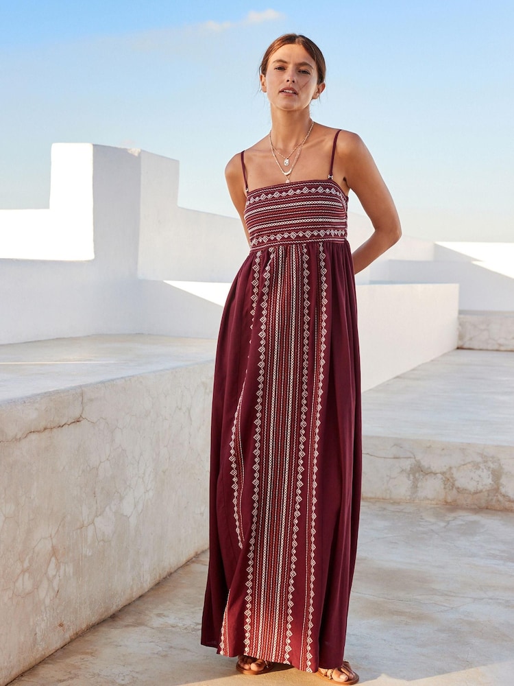 Wine Embroidered Maxi Summer Dress With Linen - Image 1 of 6
