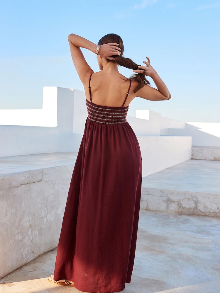 Wine Embroidered Maxi Summer Dress With Linen - Image 2 of 6