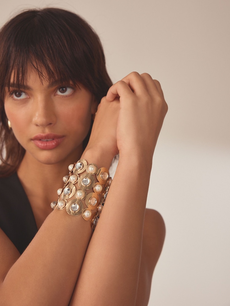 Gold Tone Pearl Cuff Bracelet - Image 1 of 6