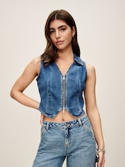 Dark Blue Denim Zip Waistcoat Top - Image 2 of 7