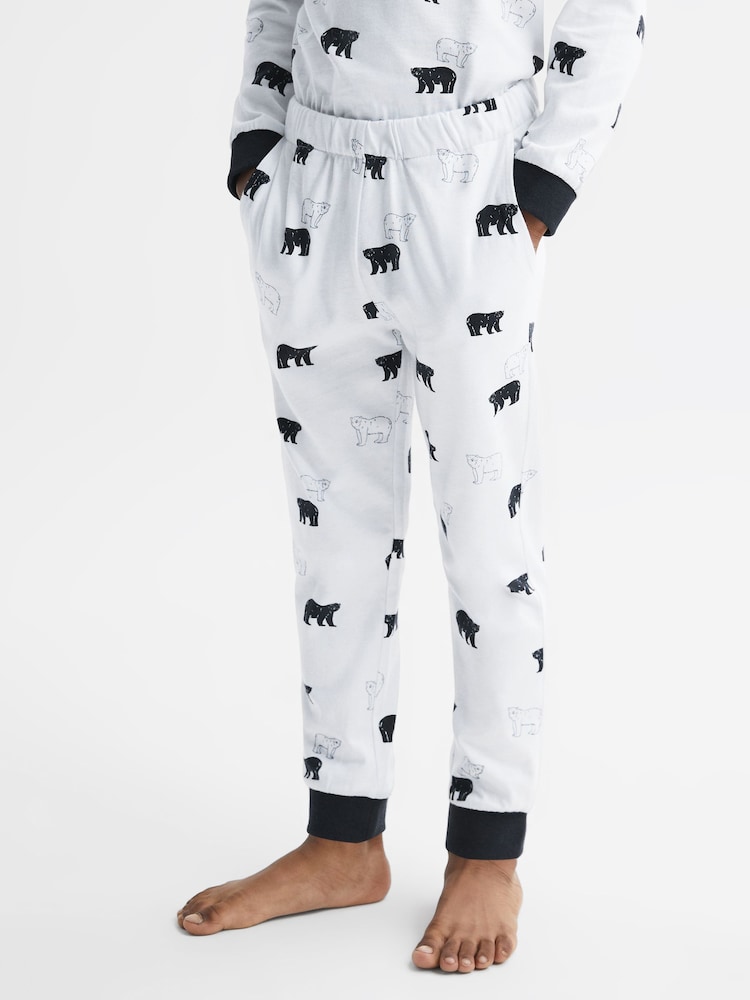 Reiss Optic White Bertie Slim Fit Cotton Motif Pyjama Bottoms - Image 1 of 6