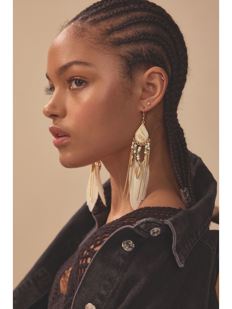 Gold Tone Feather Drop Statement Earring - Image 2 of 6