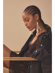 Gold Tone Feather Drop Statement Earring - Image 3 of 6