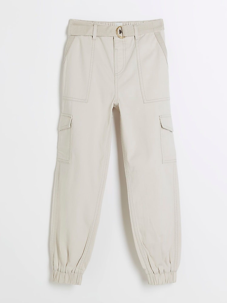 River Island Cream Girls Self Belted Cargo 100% Cotton Trousers - Image 1 of 4 River Island Cream Girls Self Belted Cargo 100% Cotton Trousers - Image 1 of 4