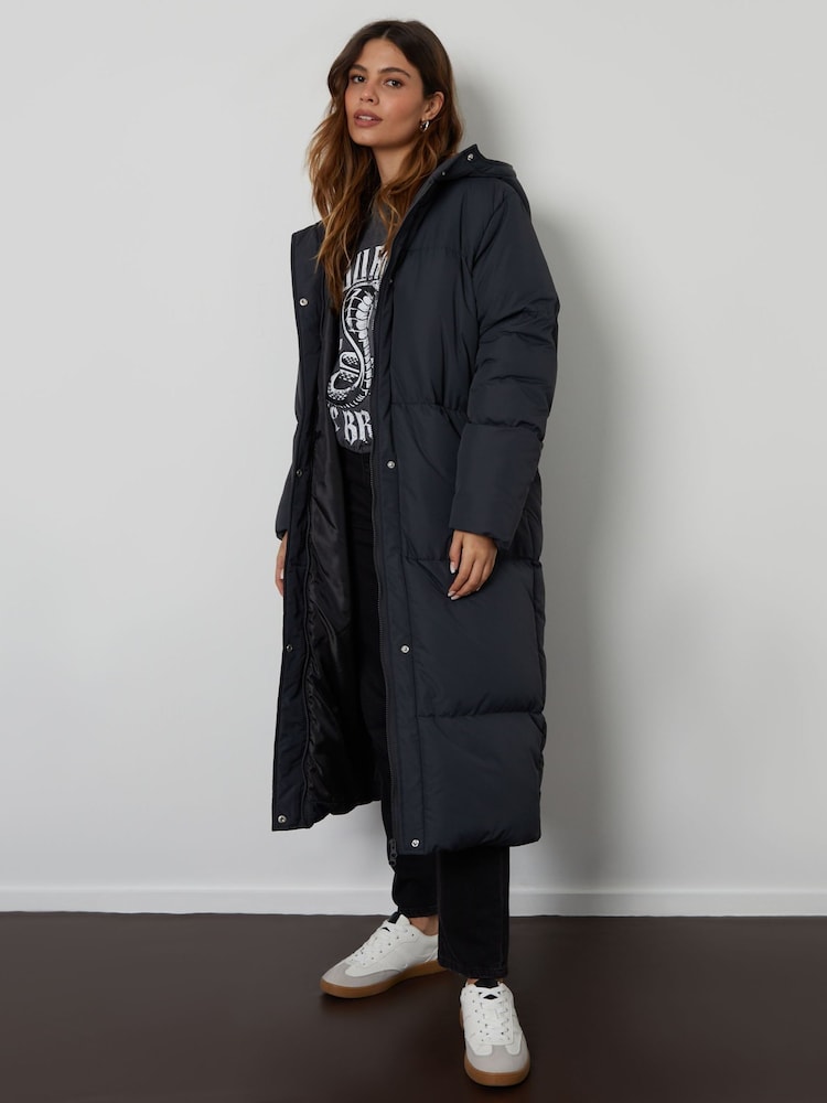 Threadbare Black Curve Longline Hooded Padded Coat - Image 1 of 4