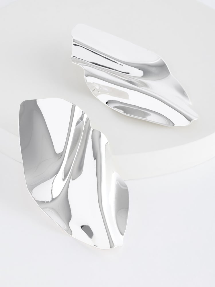 Silver Tone Molten Folded Statement Earrings Made With Recycled Brass - Image 3 of 3