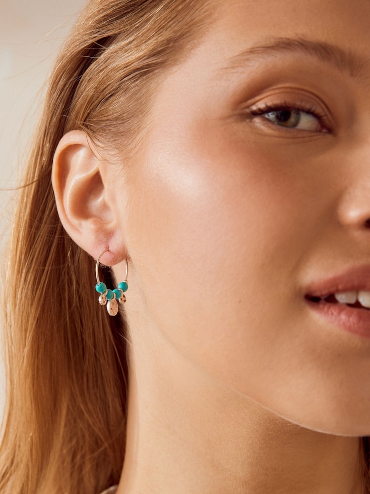 Turquoise Blue Beaded Charm Hoop Earrings Made With Recycled Zinc - Image 2 of 3