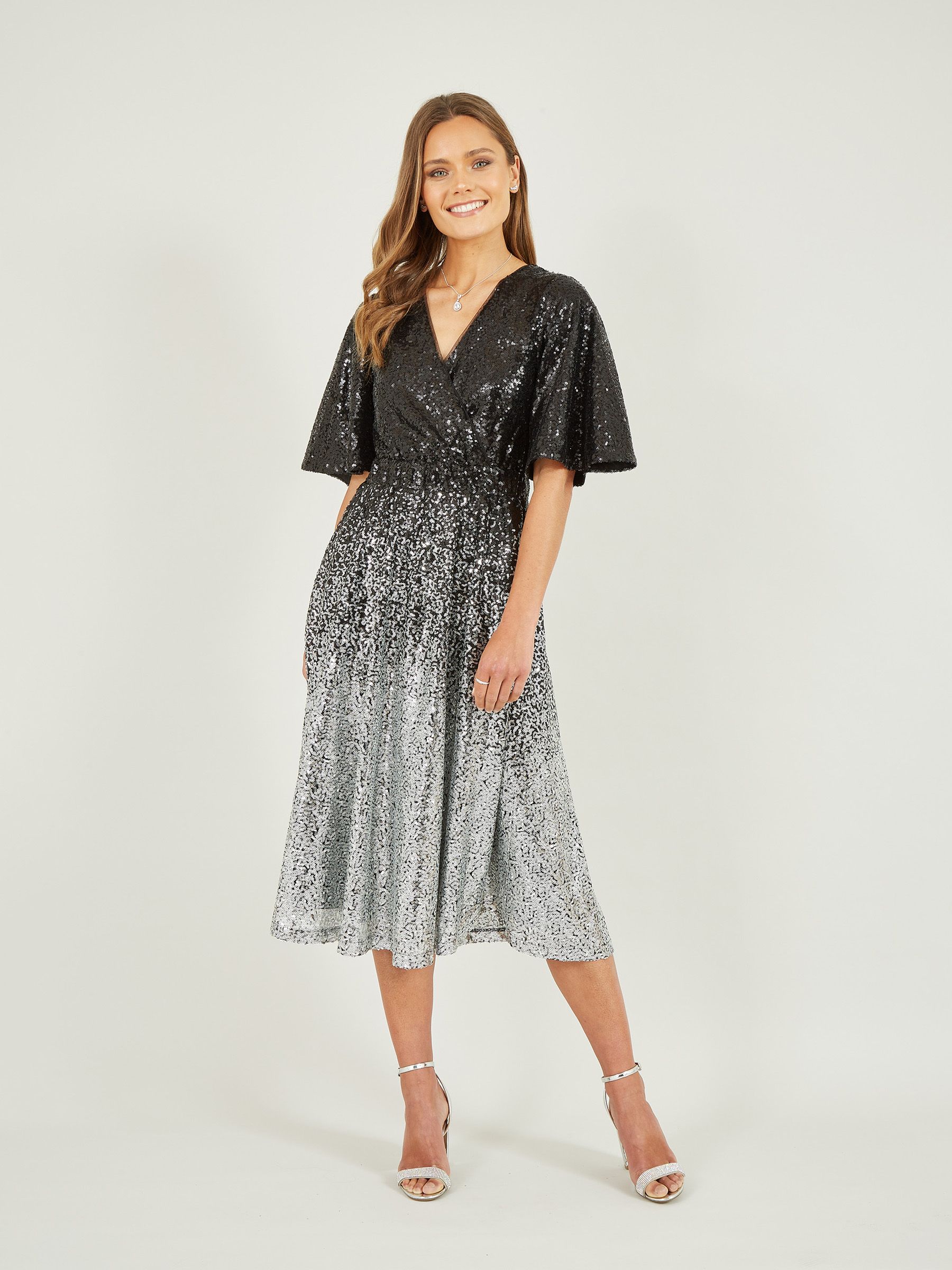 Black - Yumi Ombre Sequin Midi Wrap Dress Black - Yumi Ombre Sequin Midi Wrap Dress