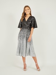 Yumi Black Ombre Sequin Midi Wrap Dress - Image 1 of 4