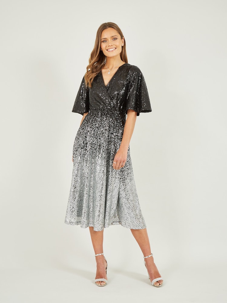 Yumi Black Ombre Sequin Midi Wrap Dress - Image 1 of 4