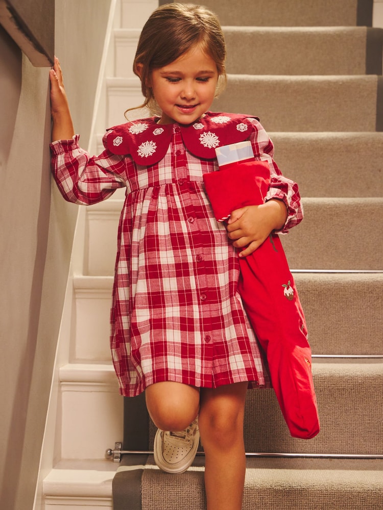 JoJo Maman Bébé Red Tartan Check Embroidered Collar Dress - Image 1 of 6 JoJo Maman Bébé Red Tartan Check Embroidered Collar Dress - Image 1 of 6
