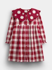 JoJo Maman Bébé Red Tartan Check Embroidered Collar Dress - Image 3 of 6