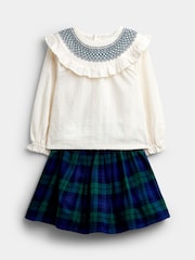 JoJo Maman Bébé Navy Blue Tartan Skirt & Embroidered Blouse Set - Image 1 of 7