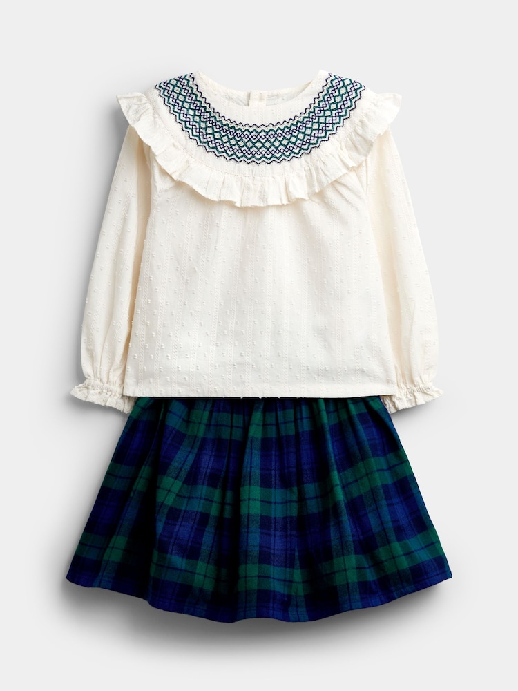 JoJo Maman Bébé Navy Blue Tartan Skirt & Embroidered Blouse Set - Image 1 of 7 JoJo Maman Bébé Navy Blue Tartan Skirt & Embroidered Blouse Set - Image 1 of 7