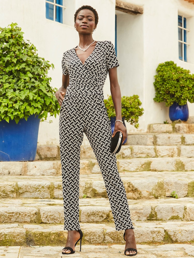 Sosandar Dark Black Geometric Print Wrap Front Jumpsuit - Image 1 of 6