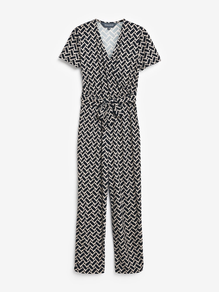Sosandar Dark Black Geometric Print Wrap Front Jumpsuit - Image 6 of 6