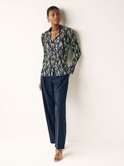 Navy Blue Floral Pleated Long Sleeve Fitted Shirt - Image 1 of 6