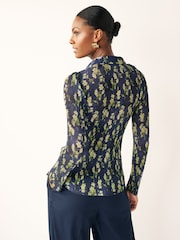 Navy Blue Floral Pleated Long Sleeve Fitted Shirt - Image 2 of 6