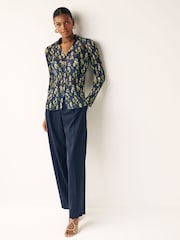 Navy Blue Floral Pleated Long Sleeve Fitted Shirt - Image 3 of 6
