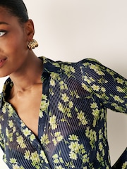 Navy Blue Floral Pleated Long Sleeve Fitted Shirt - Image 4 of 6