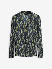 Navy Blue Floral Pleated Long Sleeve Fitted Shirt - Image 5 of 6