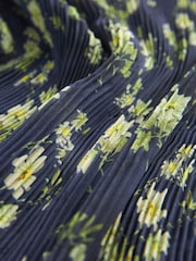 Navy Blue Floral Pleated Long Sleeve Fitted Shirt - Image 6 of 6